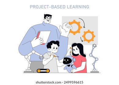 Education concept. Students engage in project-based learning with the mentorship of a teacher and robotic tools. Collaborative innovation education. Vector illustration.