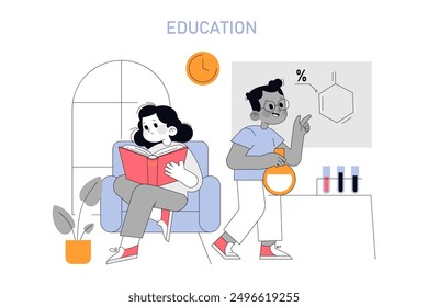 Education concept. Students engaging in learning with books and science equipment in a classroom setting. Vector illustration.