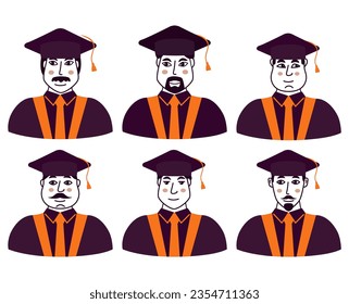 Education concept with students in graduation gown.Boy graduate in mantle.University male student. Isolated on white background. Vector flat illustration.Set graduate student.