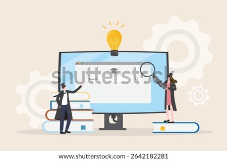 Education concept. Students search study research using internet technology for approach knowledge. University diploma E-learning course. Online learning graduation certification illustration vector.