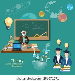 Education concept students and teachers science and education knowledge professor university chemistry physics algebra experiments vector illustration  