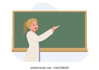 Education concept. studying ,learning ,teaching. Female teacher is writing on chalkboard in classroom.vector cartoon illustration.