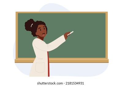 Education concept. studying ,learning ,teaching. Female african american teacher is writing on chalkboard in classroom.vector cartoon illustration.