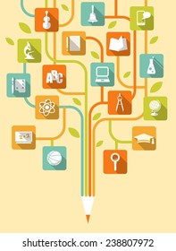 Education concept. Stylized tree with education icons in flat style