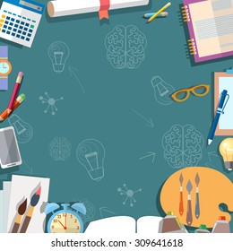 Education concept table schoolboy school objects back to school power knowledge vector illustration  