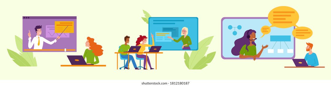 Education concept with teacher in the classroom and online e-learning or remote learning on computers or mobile devices, colored vector illustration