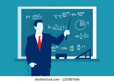 Education concept with teacher man teaching business and mathematics. Eps 10 Vector illustration, Minimalist white blue flat business style modern design.