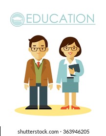 Education concept with teacher profession. Teacher man and woman in flat style isolated on white background