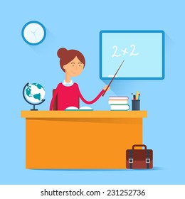 Education concept - teacher sitting at the table in the classroom. Vector illustration, flat style