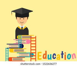 Education concept: There are many books, ladder, a man in gown and graduate cap for your design about exam, final and entrance.