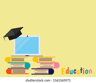 Education concept: There are many books, graduate cap on the top of laptop for your design about exam, final and entrance.