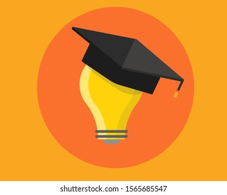 Education concept: There is a yellow light bulb with graduate cap on the top in cartoon vector style for your design.