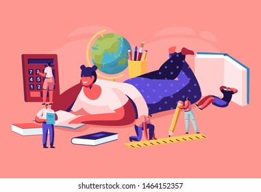 Education Concept with Tiny Characters with School Stationery around of Huge Girl College or University Student Lying on Floor Reading Book, Back to School, Knowledge, Cartoon Flat Vector Illustration
