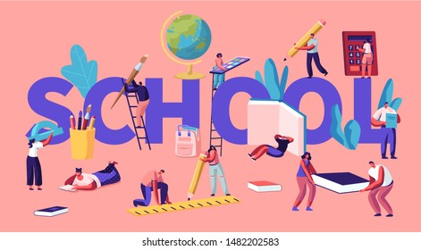 Education Concept with Tiny Male and Female Characters with School Stationery, College or University Students Back to School Knowledge Poster Banner Flyer Brochure. Cartoon Flat Vector Illustration