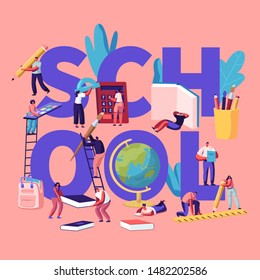 Education Concept with Tiny Male and Female Characters with School Stationery, College or University Students Back to School Knowledge Poster Banner Flyer Brochure. Cartoon Flat Vector Illustration