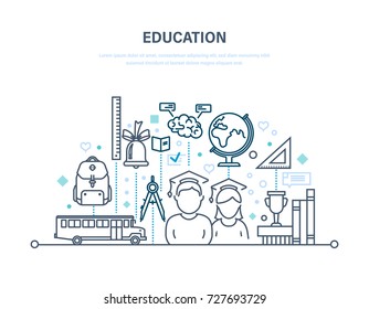 Conceito de educação. Treinamento, ensino à distância, conhecimento, ensino. Transporte de crianças, estudantes, desenvolvimento da memória e pensamento. Desenho de linha fina de ilustração de doodles vetoriais.