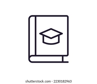 Education concept. Trendy sign for apps, UI, web sites, adverts, shops. Editable stroke. Vector line icon of academic square cap on cover of student book 