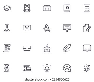 Education concept. Trendy sign for apps, UI, web sites, adverts, shops. Editable stroke. Vector line icon set with signs of academic square cap, school bag, award etc 