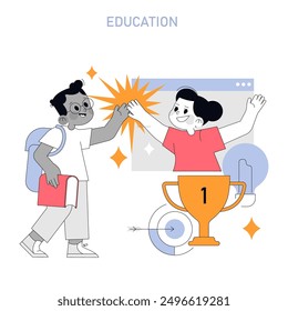 Education concept. Two students celebrate success with a high five in front of a trophy symbolizing achievement. Academic excellence and teamwork. Vector illustration.