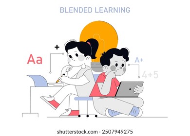 Education concept. Two students engaged in blended learning with gadgets and books to achieve better academic results. Vector illustration.