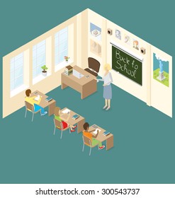 Education Concept. Vector 3d flat isometric with teacher, classroom and students