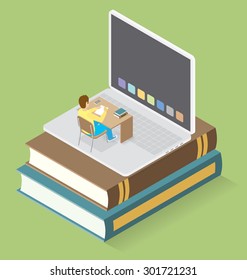 Education Concept. Vector 3d flat isometric with teacher, classroom and students