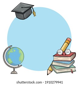 Education concept vector card template earth globe graduation cap books glasses and pencil vector illustrations Education concept ready for adding text