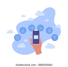 Education concept. Vector flat illustration. Human hand hold smartphone with book on phone screen with school and college subjects icon set on sky background. Design for online courses, library