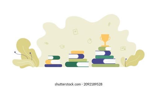 Education concept. Vector flat illustration. Three pile of books ladder of success symbol. Award prize goblet on nature green abstract symbol. Design for school, university, courses