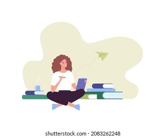 Education concept. Vector flat people illustration. Smiling woman sit and write in textbook with pile of book on background isolated on white. Design for online school, training course.