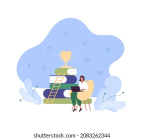 Concepto de educación. Ilustración de personas con vectores planos. Mujer sonriente sentada con una laptop con un montón de libro y símbolo de escalera de éxito en el fondo. Diseño para escuela en línea, curso de formación.
