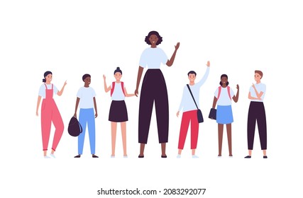 Education concept. Vector flat people illustration. Smiling male and female group of children with teacher isolated on white. Diverse europian, african, asian and hispanic characters set.