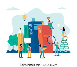 Education concept vector illustration in flat style. Online education, school, university, creative ideas. People working with books. Characters doing various tasks, teamwork.