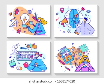 Education concept vector illustration. Flat line cartoon people receive knowledge at school, university or college course, character reading library book, using mobile app for consulting banner set