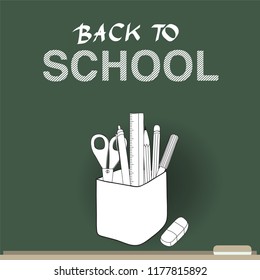 Education Concept Vector illustration with hand drawing school supplies on blackboard and Back to School lettering for background and banner