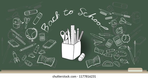 Education Concept Vector illustration with hand drawing school supplies on blackboard and Back to School lettering for background and banner
