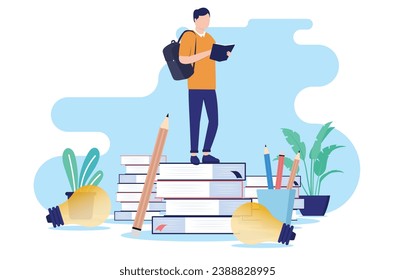 Education concept vector - Illustration of male student standing on stack of books reading and studying on school work project and homework. Flat design vector illustration with white background