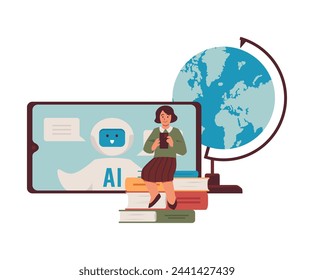 Concepto de educación. Ilustración vectorial de una adolescente sentada en enormes átomos y usando un teléfono de inteligencia artificial para la comunicación global y la asistencia al estudio.