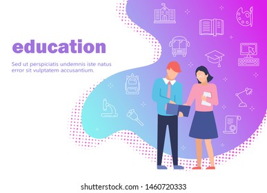 Education Concept. Vector illustration two of people meeting make some conversation, business consulting. Social networking, chat, web site, mobile web graphics. Landing page template.