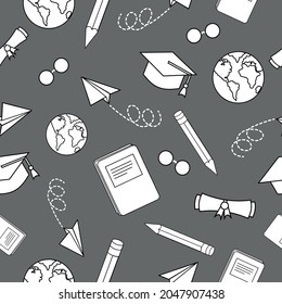 Education concept vector seamless pattern. Education and learning vector icons texture. Doodles style pattern. Graduation cap, notebook, glasses, earth, paper plane, pencil and diploma illustrations.