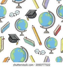 Education concept vector seamless pattern. Educational elements random texture pattern. Book, pencil, graduation cap, ruler, glasses and globe earth. Can be used as wallpaper or wrapping paper texture