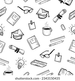 Patrón sin fisuras del concepto de educación. Textura de iconos vectoriales de aprendizaje de mano dibujada. Patrón de estilo Doodles. Ilustraciones de tapón de graduación, cuaderno, gafas, tierra, plano de papel, lápiz y diploma.