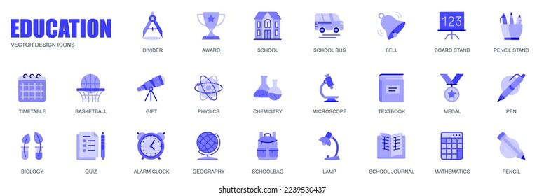 Education concept of web icons set in simple flat design. Pack of divider, award, school, bus, bell, schoolbag, pencil, gift, physics, chemistry, lamp and other. Vector blue pictograms for mobile app