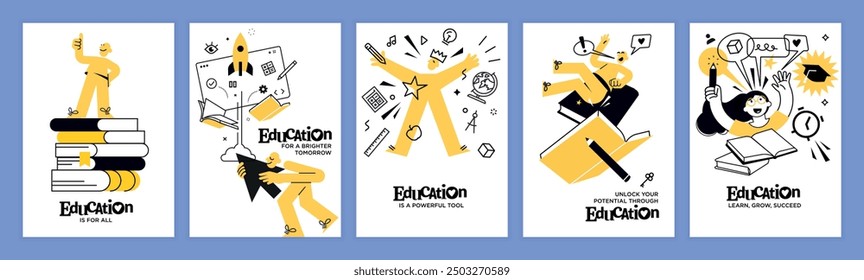 Education concepts. Set of vector illustration posters and banners of education, learning, back to school, reading book, online course and training, distance education and online learning.