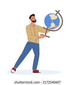 Education Concept.Teacher with Globe Explain Geography Lesson to Students Isolated on White Background.Mature Modern Active Handsome Tutor Male Character Wear Formal Clothes.People Vector Illustration