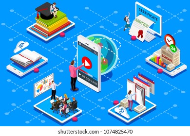 Education conference and meeting web certificate on isometric device. Education illustration for banner, infographics, hero images. Flat isometric vector illustration isolated on blue background.