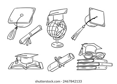 Education contour doodle set with graduating hat and related items. Collection of sketchy outline drawings isolate on white background. Monochrome school or university outline stickers