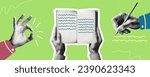 education is cool concept template design set with hand writing reading book ok gesture isolated on green background retro grunge dotted halftone vector cutout collage element