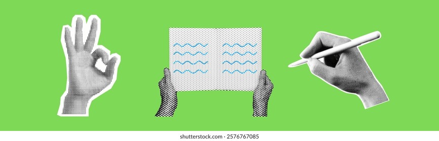 education is cool concept template design set with hand writing reading book ok gesture isolated on green background retro grunge dotted halftone vector cutout collage element