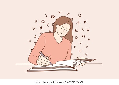 Education, copy space, writing concept. Young smiling woman sitting writing on blank notebook on table feeling creative and positive vector illustration